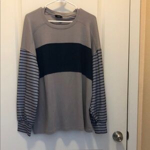 Casual Long Sleeve Stripe Panel Tee - Gray & Navy